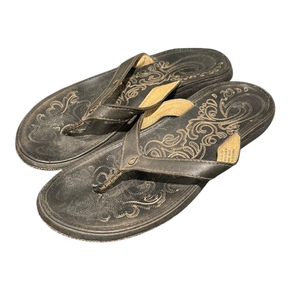OluKai Panolo W Leather Flip Flop Sandals Women’s Size 9 Black Comfort Thong - Picture 6 of 10